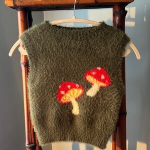 Forever 21 Fuzzy Green Sweater Vest with Red Mushroom Design
